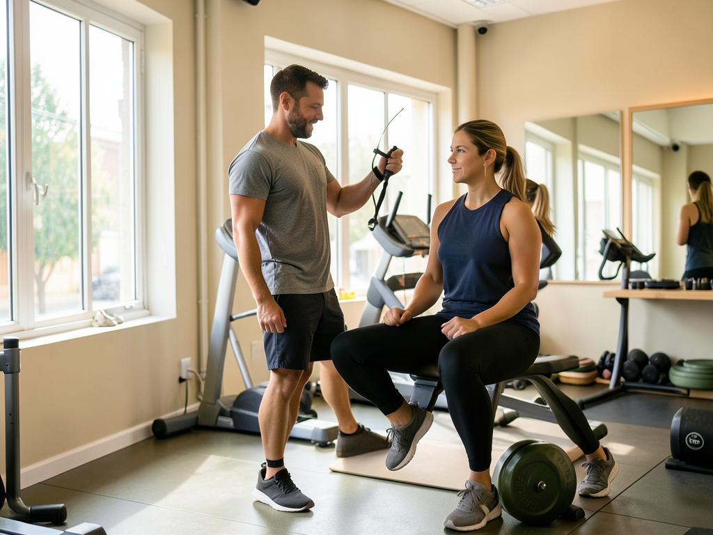 Personal trainer orientando uma aluna em um estúdio de treino