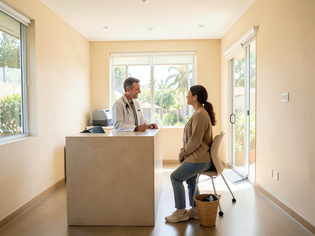 Médico recebendo uma paciente na recepção de uma clínica